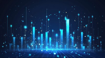 Poster - A vibrant visualization of data with glowing, blue bars against a dark background, ideal for technology and data analysis themes.