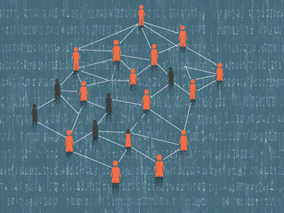 Poster - Connected Network:  Abstract illustration depicting a interconnected network of individuals represented by stylized figures, highlighting concepts of community, collaboration.