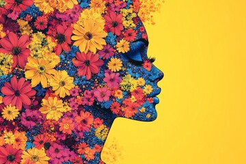 Poster - Profile of a woman with colorful flowers forming her face and hair against a vibrant yellow background