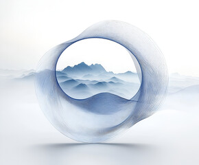 Poster - Serene Mountain Vista: Abstract circular frame showcasing a misty mountain range, evoking a sense of tranquility and ethereal beauty.