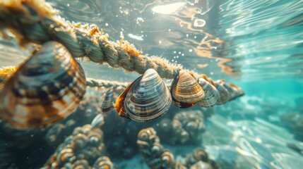 Poster - Clusters of clams are suspended from ropes in crystal clear water, illuminated by sunlight filtering through the surface, showcasing a vibrant underwater ecosystem.