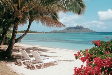 Wall Mural - Tropical beach chairs, volcanic view, relaxation, island getaway