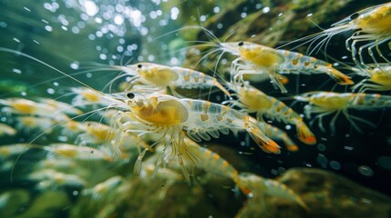 Aufkleber - Colorful shrimp are swimming in a lively underwater ecosystem, demonstrating their unique movements and interactions against a backdrop of gentle bubbles and rocks.