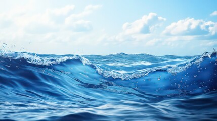 Naklejka na meble A painting of a blue ocean wave, dotted with water droplets, and a tranquil blue sky in the backdrop