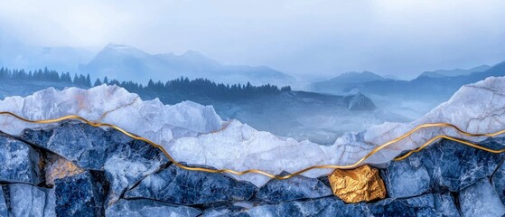 Canvas Print - Serene Blue And White Crystal Mountain Landscape With Golden Accents