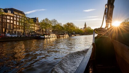 Wall Mural - Fotografía desde una barca en un canal por la ciudad, concepto de postal de viaje.