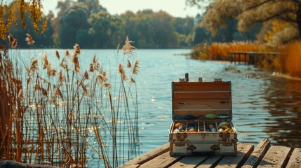Poster - A rustic chest stands open on a wooden dock by a tranquil lake, displaying an assortment of vibrant objects. The autumn trees reflect beautifully on the water under a clear sky.