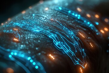 Poster - futuristic technology concept with glowing blue and orange lines on dark background.