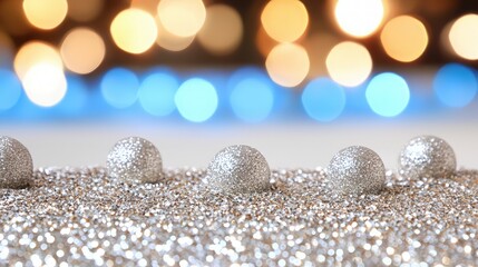 Wall Mural - Silver Glitter Ornament Background With Festive Lights