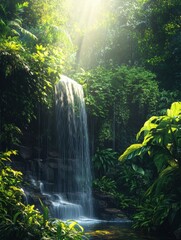 Aufkleber - Tranquil waterfall cascading through lush green tropical rainforest during midday sun. Generative AI