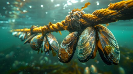 Poster - Mussels are attached to a rope submerged under clear blue water, showcasing their vibrant colors and textures in a marine environment.