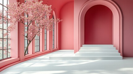 Wall Mural - Pink archway interior with cherry blossom tree