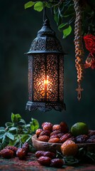 Aufkleber - Vibrant lantern illuminates the rich hues of fresh lantern dates, creating an inviting atmosphere amidst lush greenery and artistic decor at dusk. A serene moment captured in soft light