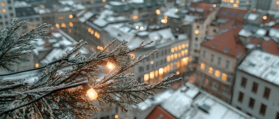 Poster - Snowy Cityscape at Night with Illuminated Buildings and Frosty Branches