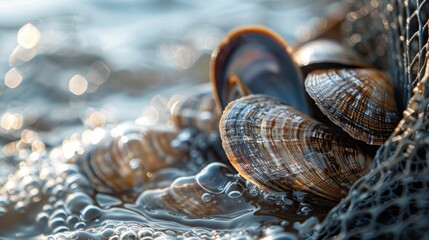 Poster - Colorful clams are clustered together in a fishing net, surrounded by clear water and gentle bubbles as sunlight filters through the water during low tide.