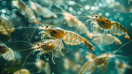 Aufkleber - Shrimp are seen swimming gracefully in clear water, with sunlight filtering through, creating a peaceful aquatic atmosphere filled with bubbles.