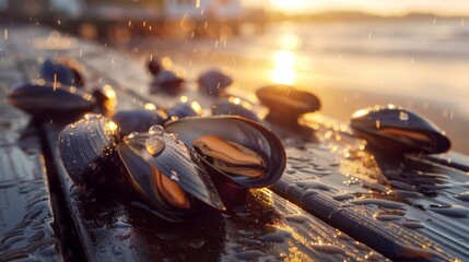 Aufkleber - Freshly collected shellfish rest on a wooden pier at sunset, glistening with water droplets as the sun casts a golden glow over the tranquil scene by the water.