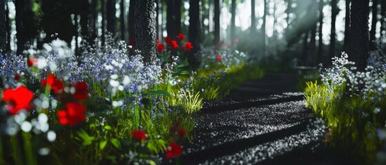 Wall Mural - Sunlit Forest Path with Red And Blue Wildflowers