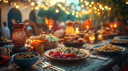 Aufkleber - A beautifully set table awaits a joyous family gathering to celebrate Eid al-Fitr. Colorful dishes and glowing lanterns create a warm atmosphere for shared moments and delicious food