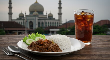 Wall Mural - delicious indonesian meal with rice and beverage
