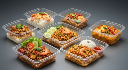 Wall Mural - delicious variety of asian cuisine takeout dishes in clear containers