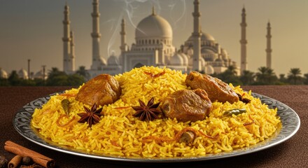 Wall Mural - delicious biryani a culinary delight with rich flavors, a meal for breaking the fast with a mosque i