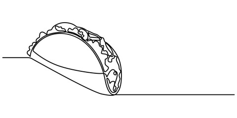 Poster - Continuous Line Drawing of Taco Icon. Hand Drawn Symbol Vector Illustration, Continuous single drawn one line taco hand-drawn picture silhouette. One line drawing of Taco junk food. Line art. Mexican.