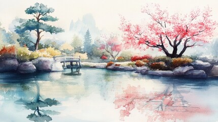 Aufkleber - Serene watercolor artwork depicting a tranquil lake surrounded by lush trees and blooming cherry blossoms in an idyllic landscape. Generative AI
