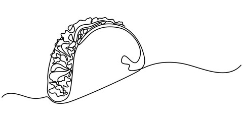 Poster - Continuous Line Drawing of Taco Icon. Hand Drawn Symbol Vector Illustration, Continuous single drawn one line taco hand-drawn picture silhouette. One line drawing of Taco junk food. Line art. Mexican.