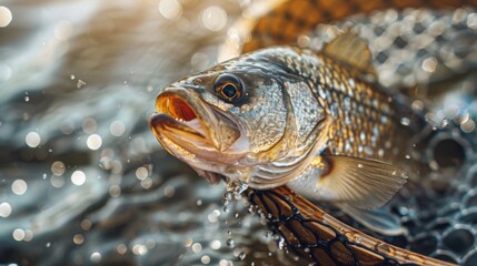 Aufkleber - A freshwater fish is being gently removed from a net on a bright day. The water sparkles around the fish as it is caught, showcasing its scales and fins.
