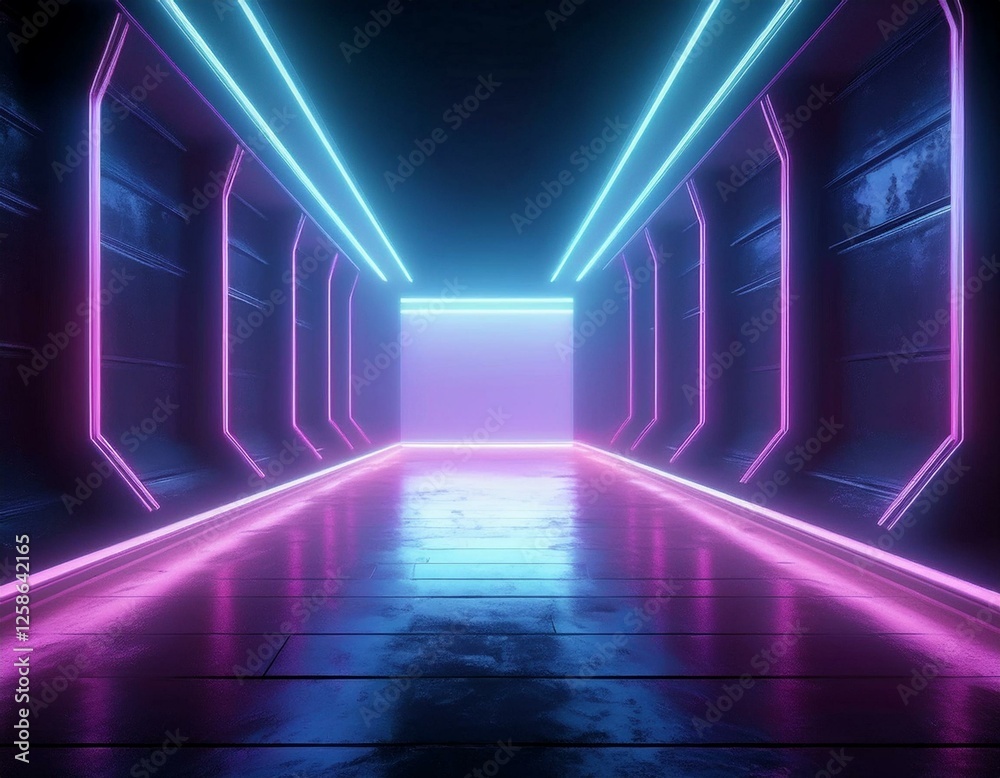 3d rendering of spaceship corridor neon glowing blue purple background ...