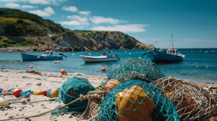 Poster - Colorful fishing boats rest on the calm water, while fishing nets filled with buoys lay on the sandy shore under a bright blue sky with scattered clouds.