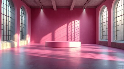 Wall Mural - Pink studio pedestal interior with sunlight