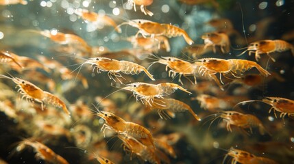 Aufkleber - A multitude of orange shrimp swims gracefully in clear water, surrounded by bubbles and soft sunlight filtering through the surface, creating a serene underwater atmosphere.