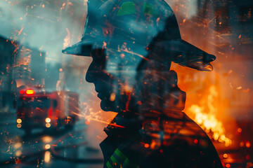 Poster - professional firefighter worker double exposure generative ai portrait