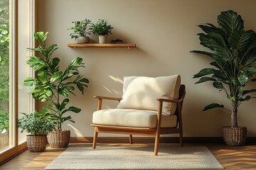 Wall Mural - Cozy corner with natural light highlighting a wooden chair and indoor plants in a modern living space