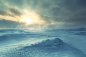 Wall Mural - Snow-covered landscape under dramatic cloudy sky during sunset at a remote location