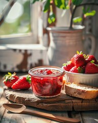 Wall Mural - Freshly made strawberry jam in a jar beside ripe strawberries on a rustic wooden table in a sunlit kitchen