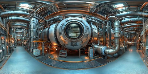 Poster - Industrial facility featuring large machinery and intricate piping in a modern factory environment