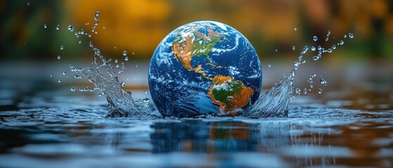 a globe landing in water with splashing droplets