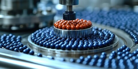 Poster - Manufacturing process of colored beads on a conveyor belt in a factory setting during daylight