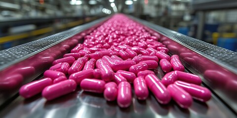 Poster - Bright pink capsules move along a conveyor belt in a pharmaceutical manufacturing facility during operational hours