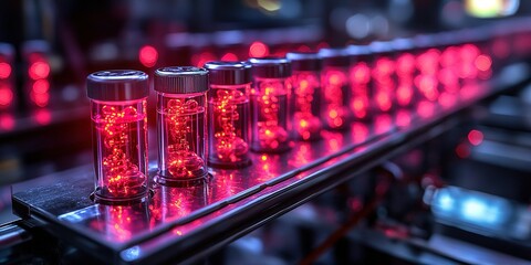 Poster - Bright red vials on a conveyor belt in a high-tech laboratory at night
