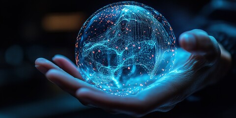 Poster - Digital representation of the world held in a hand with glowing particles illuminating a dark environment