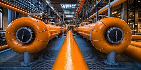 Poster - Industrial facility with large orange pipes transporting liquids in a well-lit environment during the day