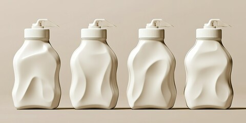 Poster - Unique design of cream-colored squeeze bottles arranged in a line on a neutral background