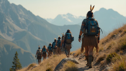 Wall Mural - Native American woman leads diverse hikers. Mountain summit adventure with cultural leadership. Celebrating diversity in outdoor exploration. Inspiring unity through nature and teamwork.