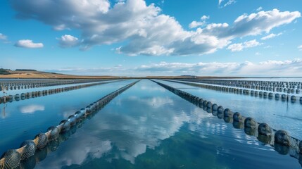 Poster - Rows of floating aquaculture equipment are set against a backdrop of serene waters reflecting scattered clouds on a clear early afternoon. The scene showcases sustainable farming.