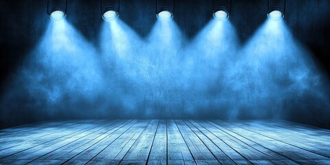Poster - Stage with blue spotlights illuminating wooden floor and mist, creating a dramatic atmosphere for performances