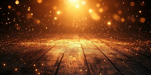 Poster - Glittering golden particles create a magical atmosphere on wooden surface in dim light during evening hours